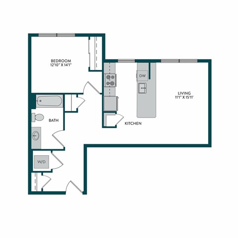 A floor plan of a small apartment with a bedroom, bathroom, living room, and kitchen.